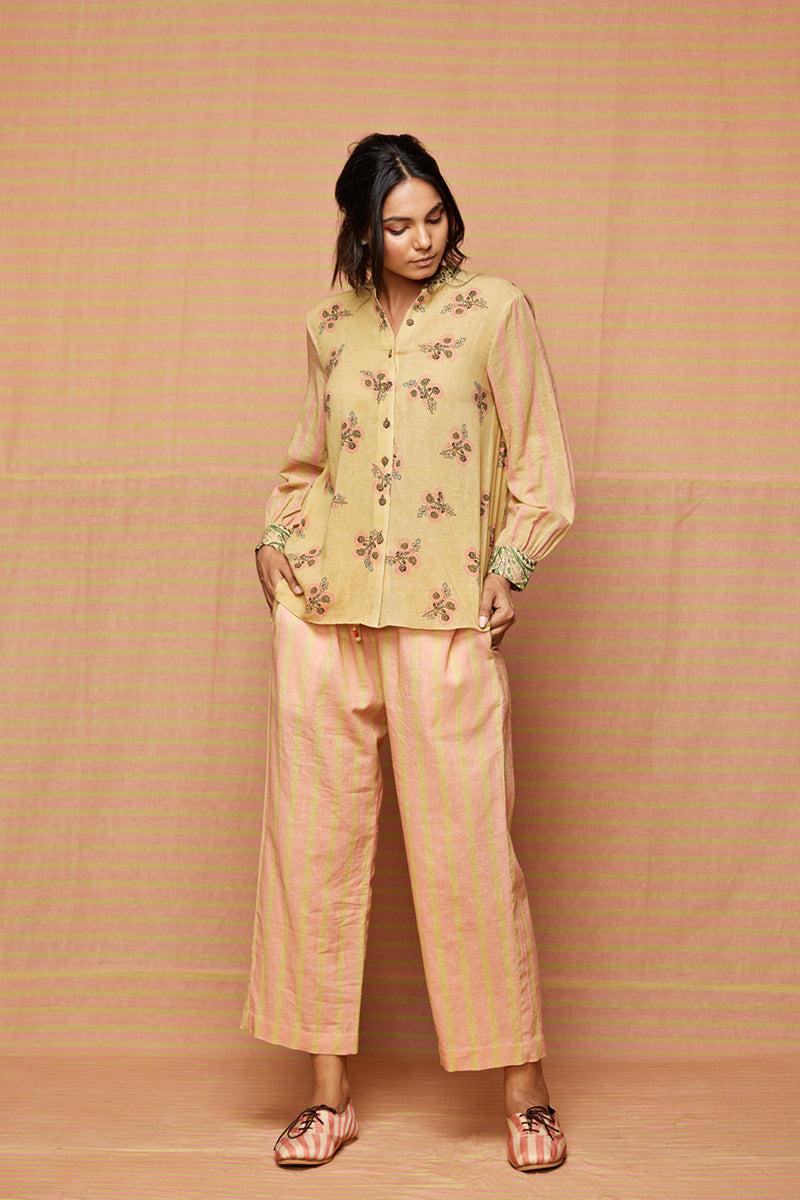 Block Printed Beige with Rose Pink Striped Pants