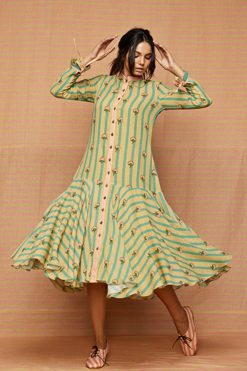 Block Printed Buti Striped Flared Dress
