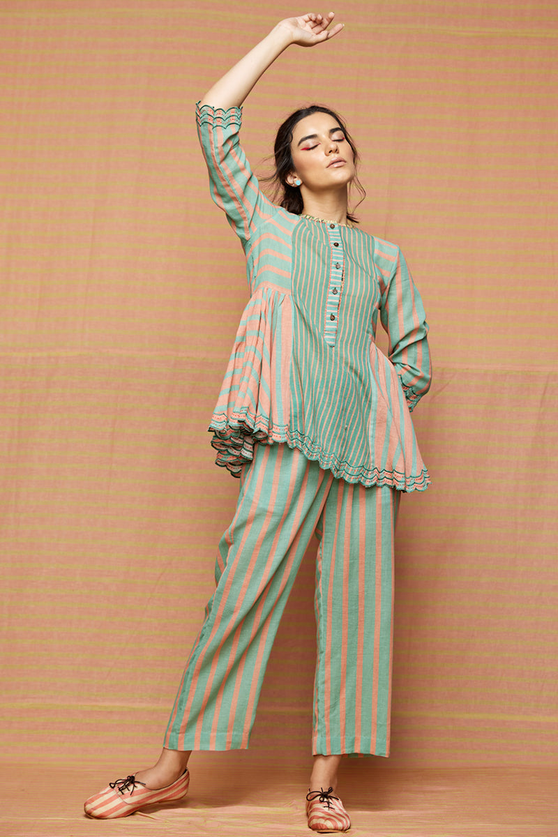 Block Printed Multi Striped Top with Pants
