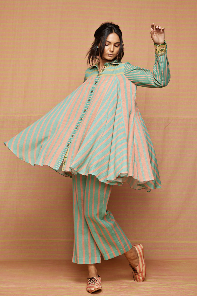 Block Printed Panelled Striped Tunic with Striped Pants
