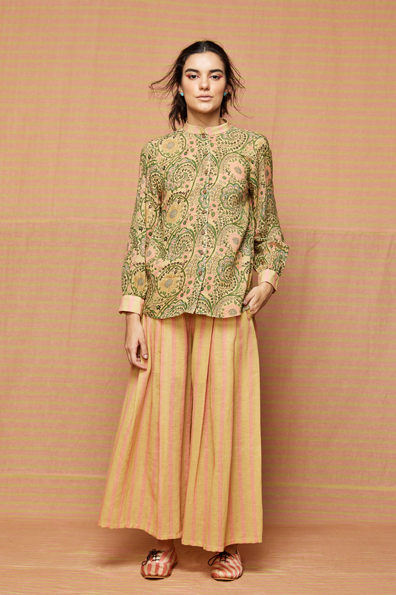 Block Printed Shirt with Striped Pleated Pants