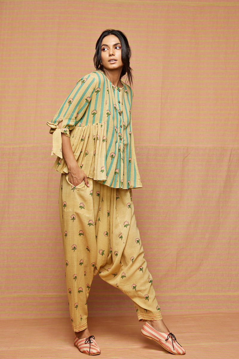 Block Printed Striped Buti Gathered Top

