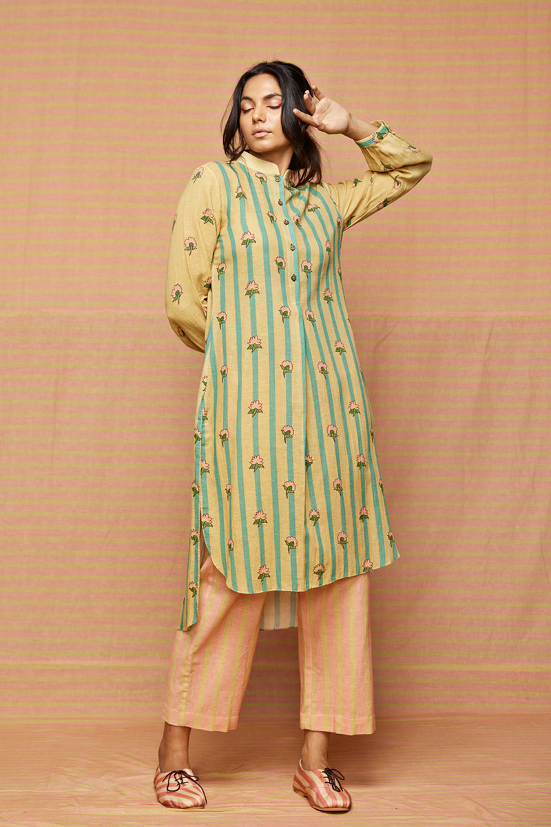 Block Printed Striped Buti Tunic with Striped Pants