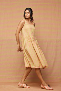 Block Printed Striped Gathered Dress with Pockets