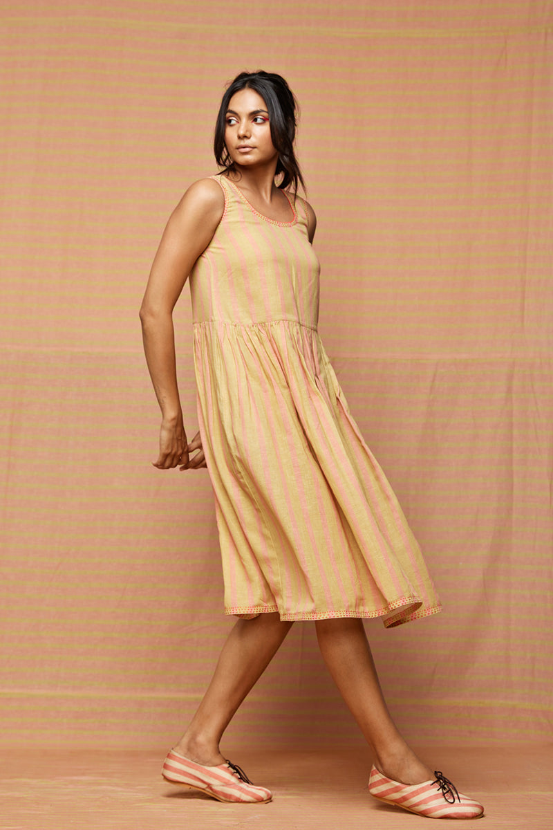 Block Printed Striped Gathered Dress with Pockets