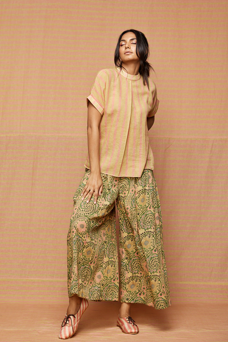 Block Printed Striped Shirt with Pleated Pants