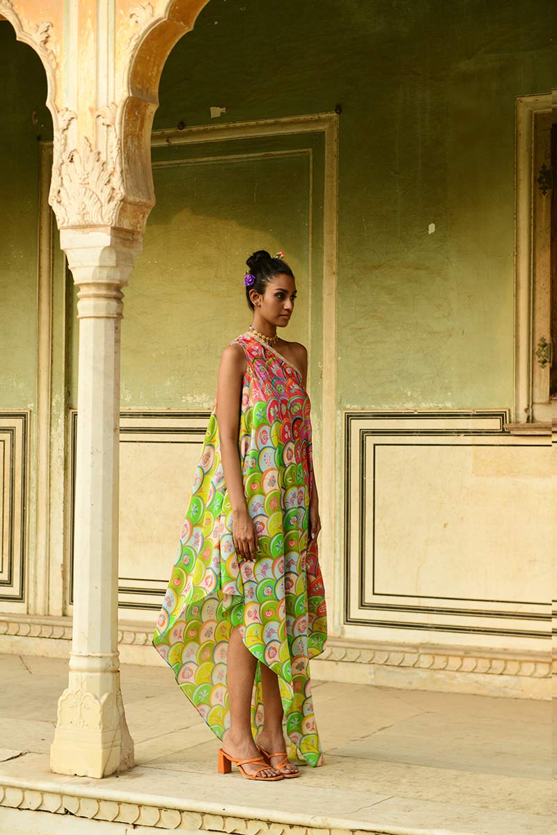 Beige Viscose Crepe Floral Print Embellished One-Shoulder Ethnic Gown –  SCAKHI