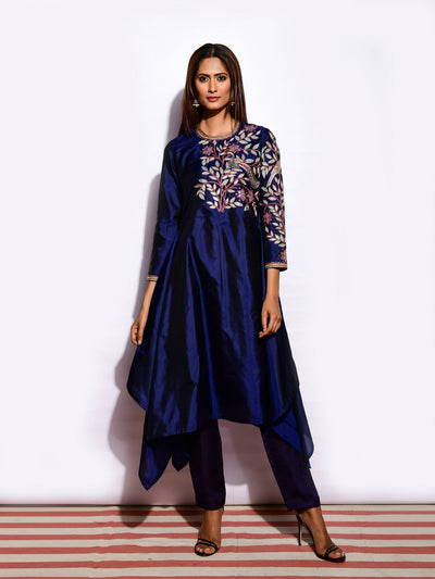 Navy Embroidered Asymmetrical Kurta With Straight Pants