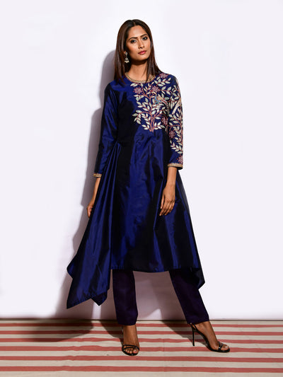 Navy Embroidered Asymmetrical Kurta With Straight Pants