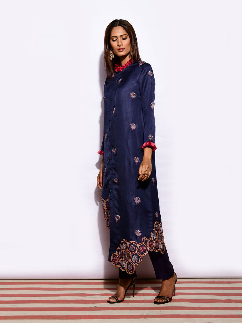 Kamal Navy Asymetrical Embroidered Fringe Tunic with Straight Pants