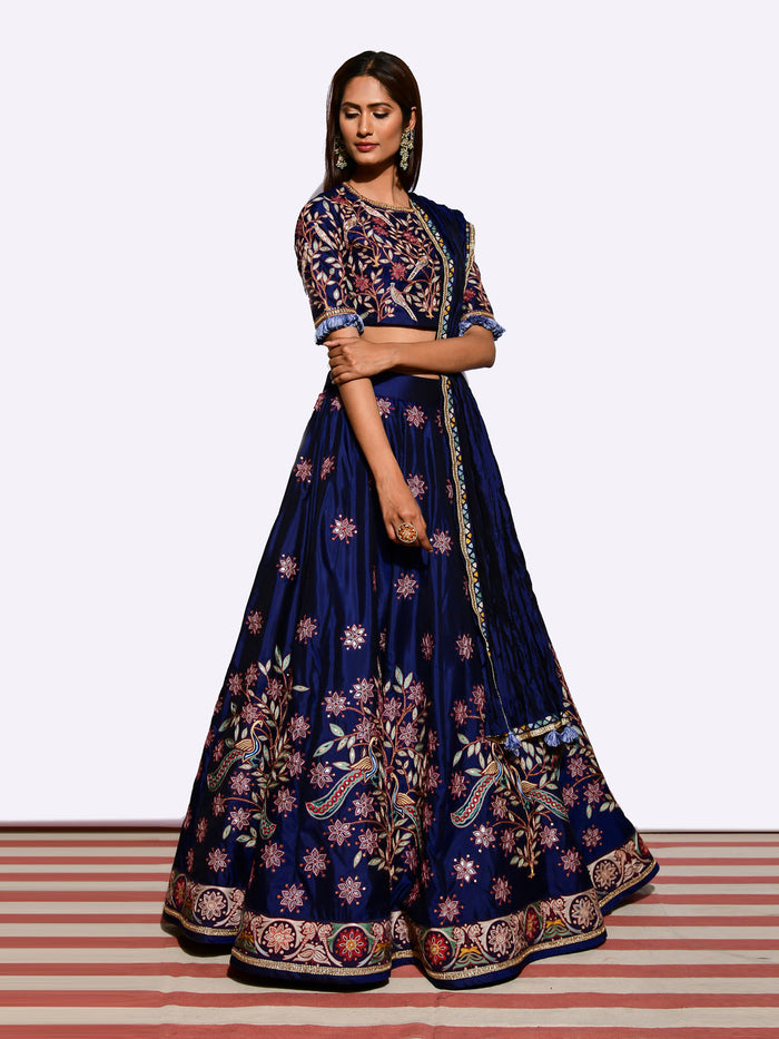 Morbagh Embroidered Lehenga with Blouse and Crushed Dupatta