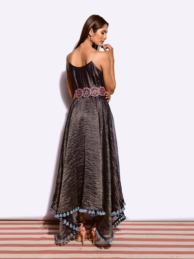 Navy Embroidered Jacket With Asymmetrical Sunheri Chanderi Dress