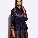 Navy Embroidered Jacket With Asymmetrical Sunheri Chanderi Dress