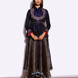 Navy Embroidered Jacket With Asymmetrical Sunheri Chanderi Dress