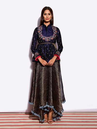 Navy Embroidered Jacket With Asymmetrical Sunheri Chanderi Dress