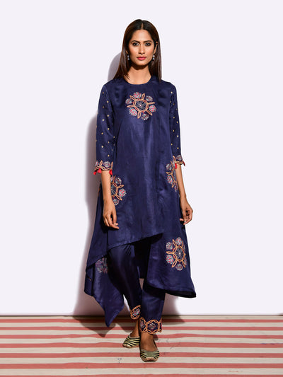 Morbagh Embroidered Asymmetrical Navy Tunic With Pants