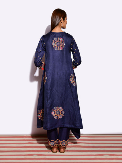 Morbagh Embroidered Asymmetrical Navy Tunic With Pants