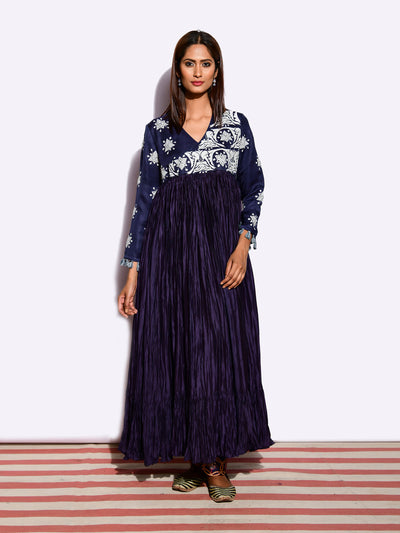 Tota Navy Crushed Wrap Applique Embroidered  Dress