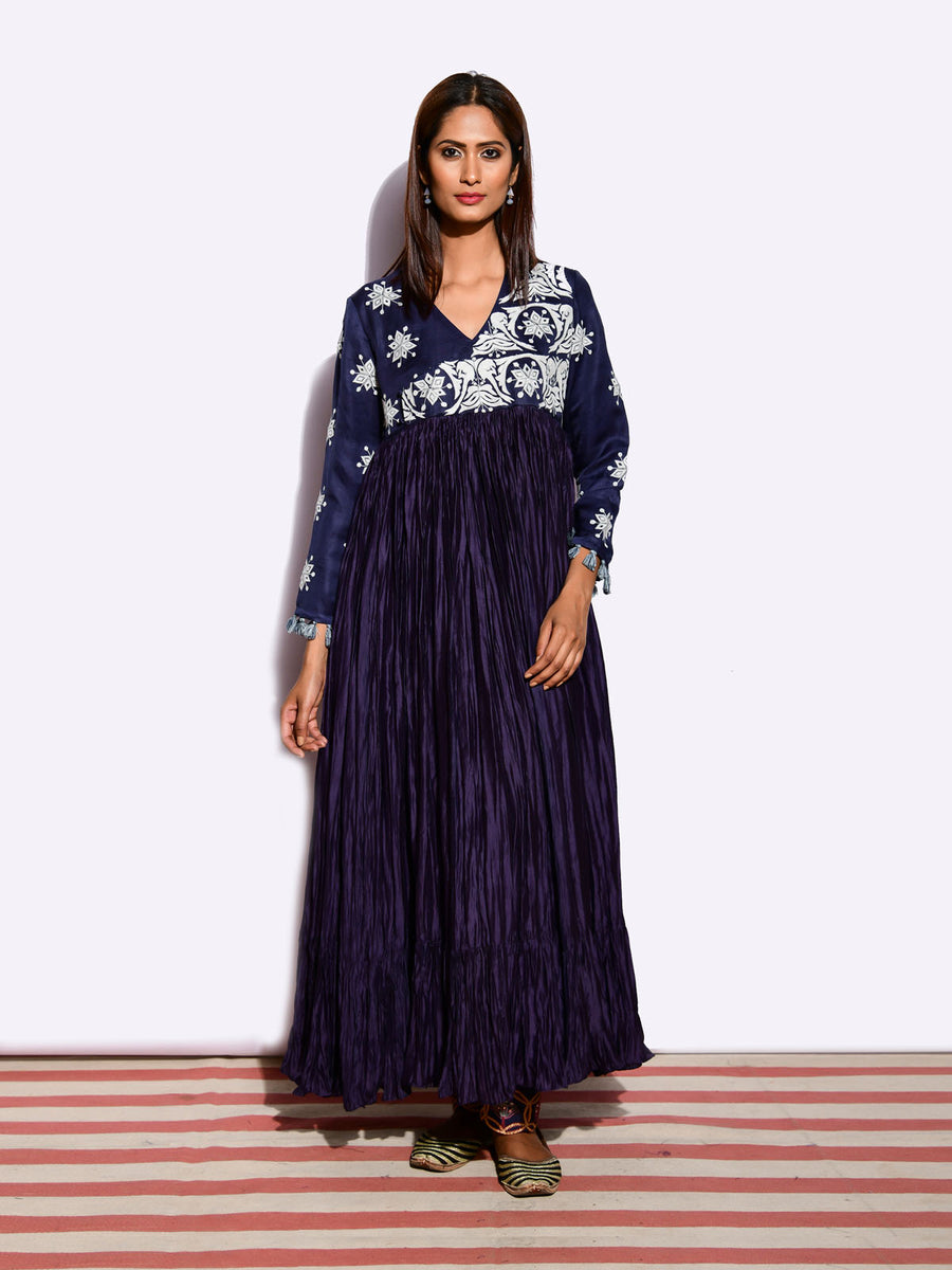 Tota Navy Crushed Wrap Applique Embroidered  Dress
