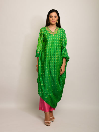 Patang Embroidered Shibori Green Asymmetrical Tunic