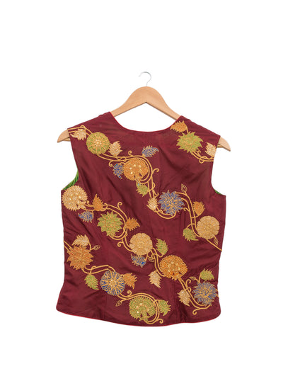 Applique Embroidered Maroon Short Jacket & Blouse