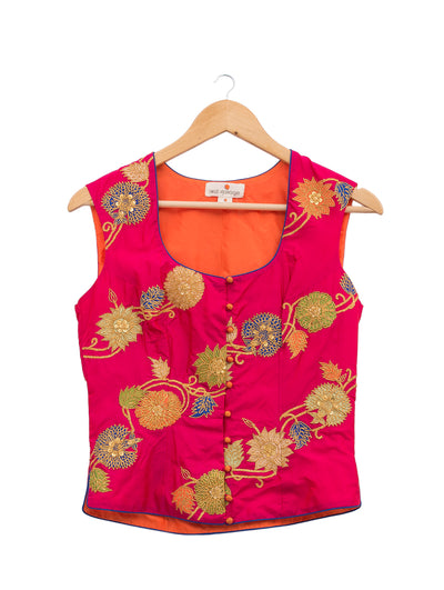 Applique Embroidered Rani Pink Short Jacket & Blouse
