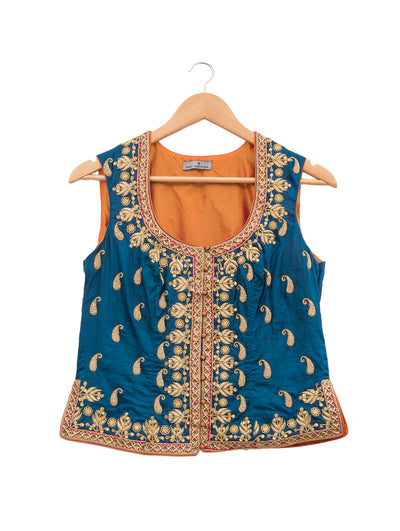 Teal Embroidered Short Jacket & Blouse