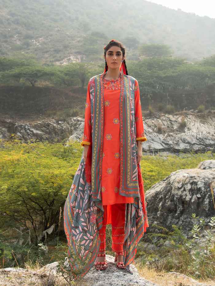 Morbagh Grey Embroidered and Printed Cape with Orange Embroidered Kurta and Pants