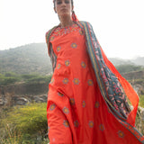Morbagh Grey Embroidered And Printed Cape With Orange Embroidered Kurta And Pants