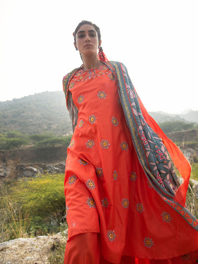 Morbagh Grey Embroidered And Printed Cape With Orange Embroidered Kurta And Pants