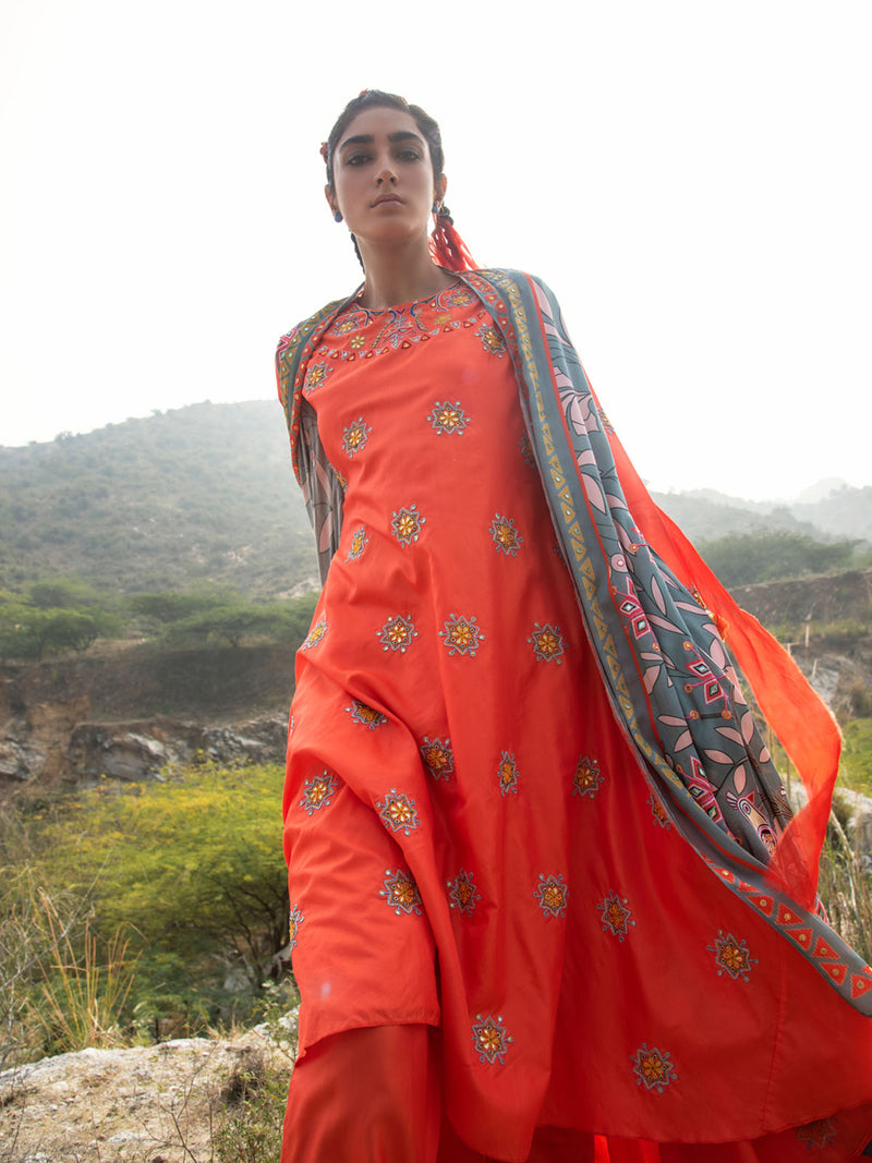 Morbagh Grey Embroidered and Printed Cape with Orange Embroidered Kurta and Pants