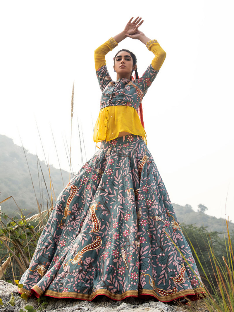 Morbagh Grey Embroidered Lehenga, Crop Top and Sheer Shirt – Swati