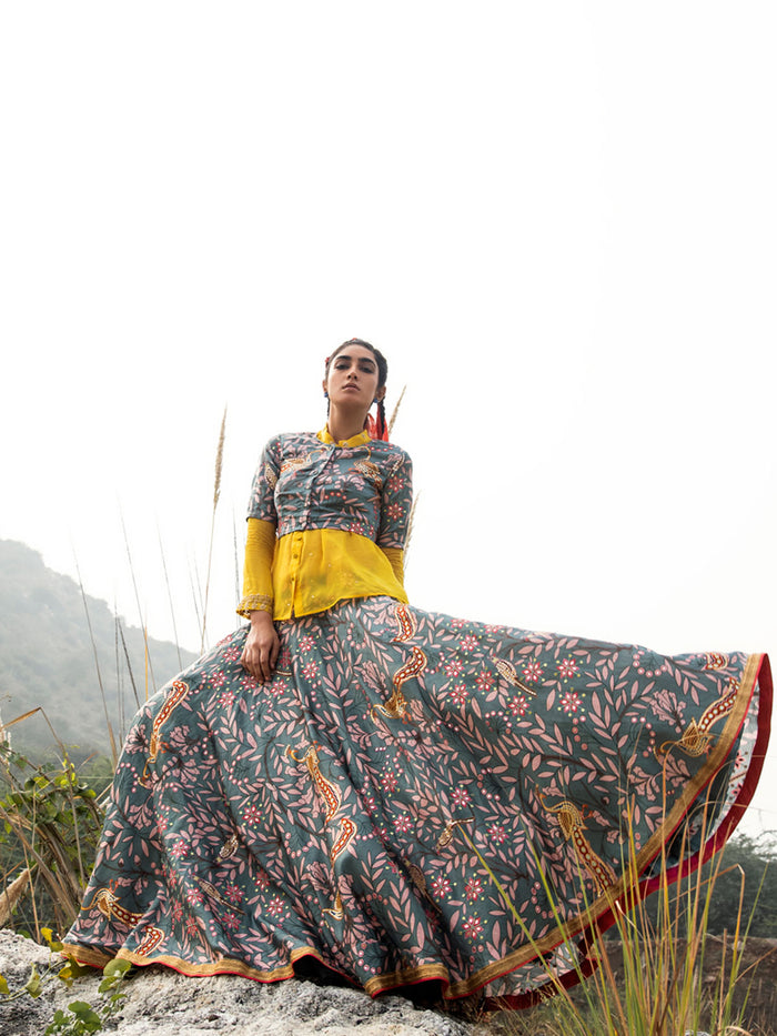 Morbagh Grey Embroidered Lehenga, Crop Top and Sheer Shirt