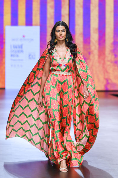 Gulal Fuchsia Green Printed Embroidered Jumpsuit