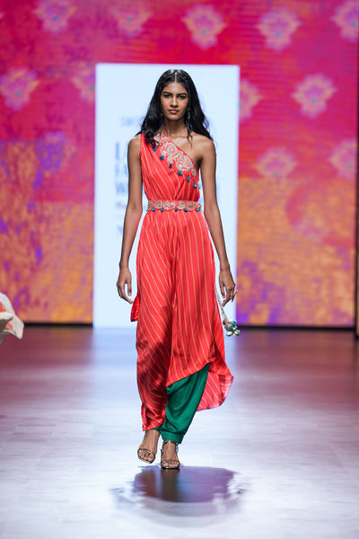 Gulal Printed Embroidered One Shoulder Dress with Pants