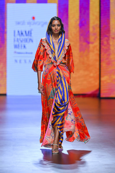Gulal Printed Embroidered Purple Orange Jacket Set