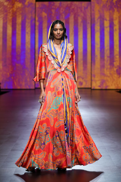 Gulal Printed Embroidered Purple Orange Jacket Set