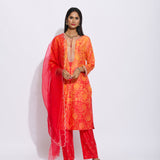Orange Red Silk Shibori Embroidered Kurta Set