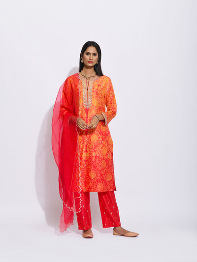 Orange Red Silk Shibori Embroidered Kurta Set
