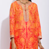 Orange Red Silk Shibori Embroidered Kurta Set