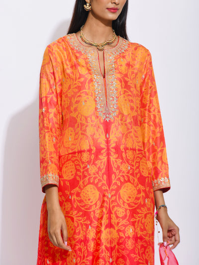 Orange Red Silk Shibori Embroidered Kurta Set