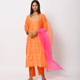 Orange Yellow Silk Shibori Embroidered Kurta Set