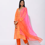 Orange Yellow Silk Shibori Embroidered Kurta Set