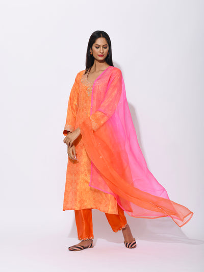 Orange Yellow Silk Shibori Embroidered Kurta Set