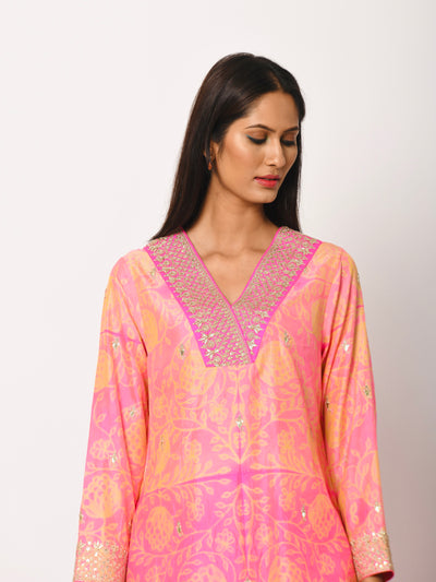 Pink Silk Shibori Embroidered Kurta Set
