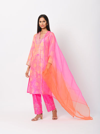 Pink Silk Shibori Embroidered Kurta Set