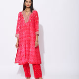 Red Pink Silk Shibori Embroidered Kurta Set
