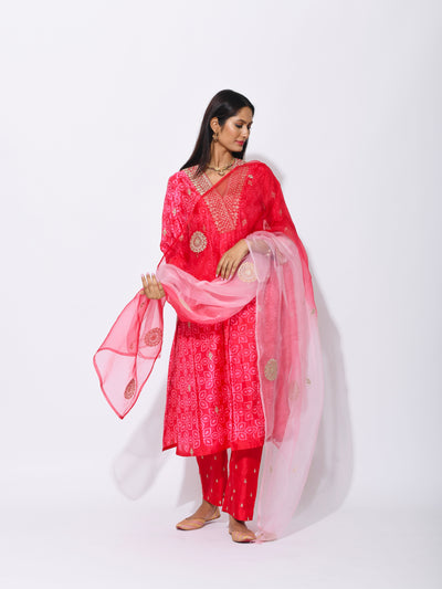 Red Pink Silk Shibori Embroidered Kurta Set