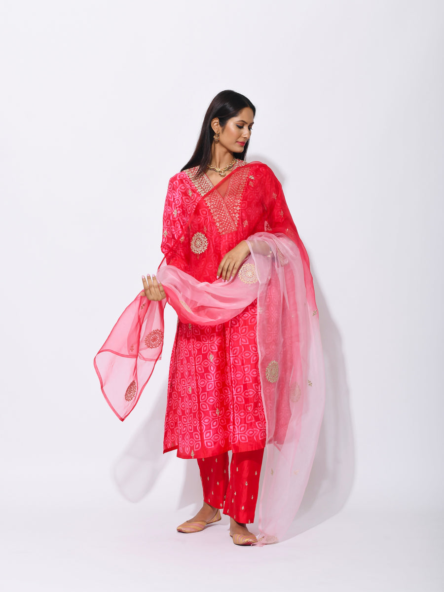 Red Pink Silk Shibori Embroidered Kurta Set
