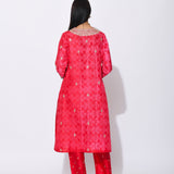 Red Pink Silk Shibori Embroidered Kurta Set